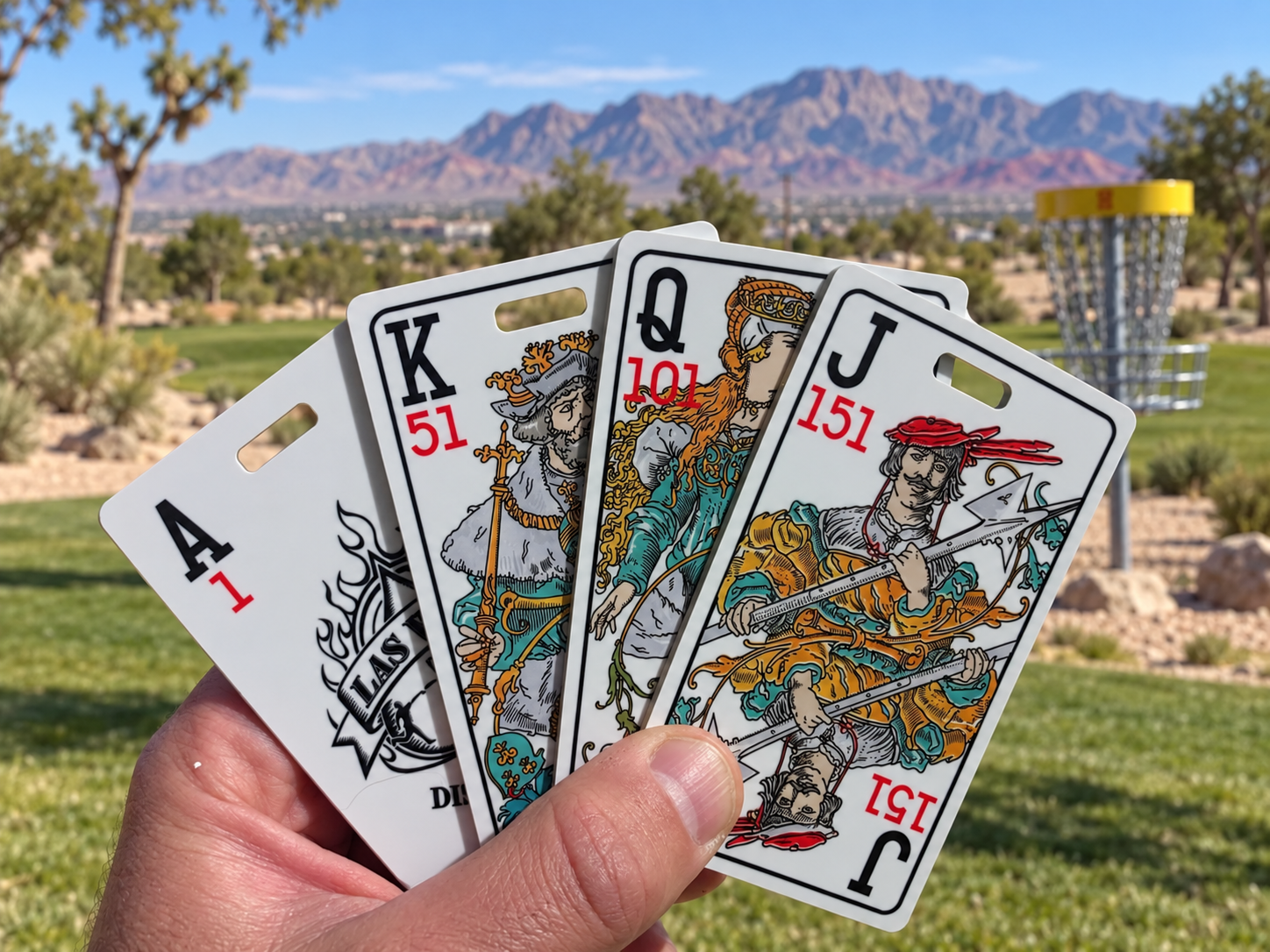 A hand fanning out numbered bag tags with Las Vegas mountains and a disc golf basket behind